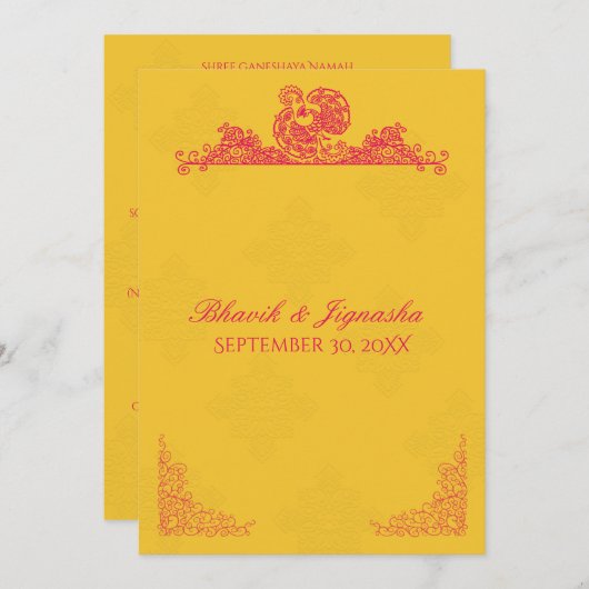 サフロンアンドピンクピーコックインディアン結婚式招待状 招待状 (正面/裏面)