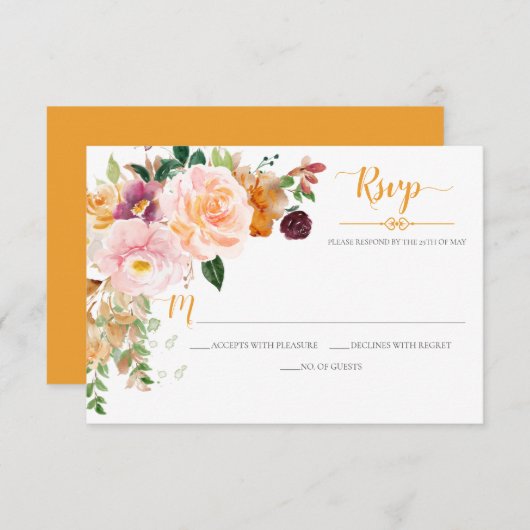 サフロンイエロー赤面モーヴコーナーブーケ 出欠カード (正面/裏面)