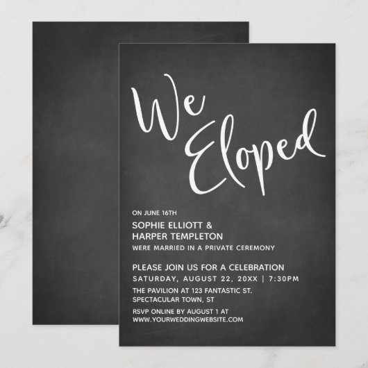 サブトルの黒板風デザインに「We Eloped」のタイポグラフィー 招待状 (正面/裏面)