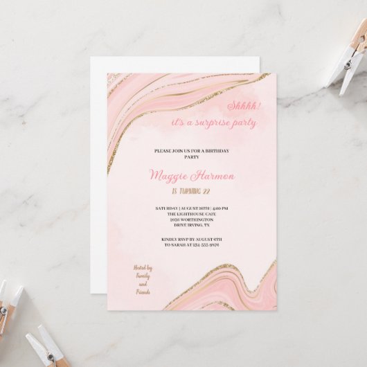 サプライズのピンクのシンプルパーティー 招待状 (正面/裏面インサイチュ)