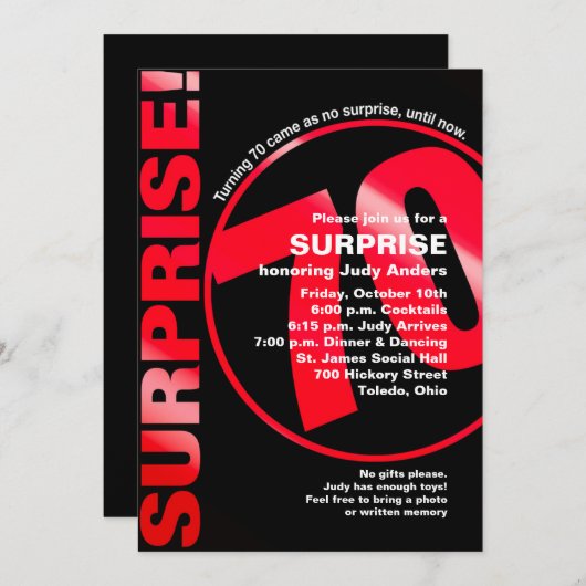 サプライズはっきりした誕生日招待状 – 赤70日 招待状 (正面/裏面)