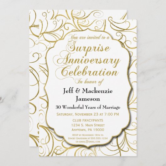 サプライズアニバーサリー招待 白金色の渦巻 招待状 (正面/裏面)