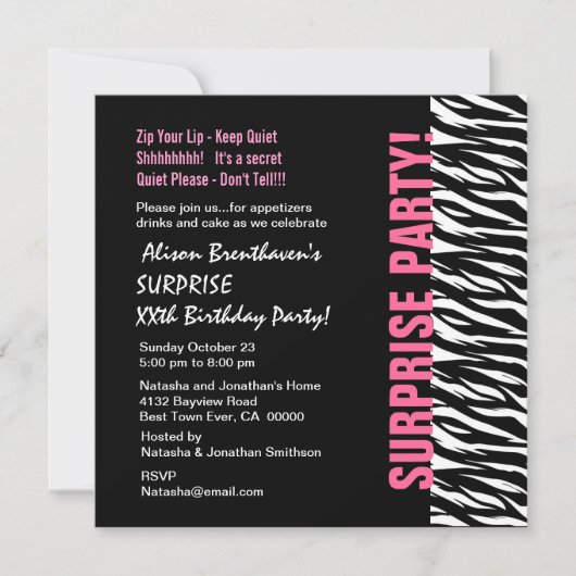 サプライズイヤー誕生日ピンク&ブラックゼブラV054 招待状 (正面)