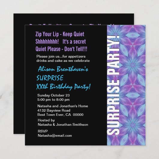 サプライズイヤー誕生日紫と青のフローラV055 招待状 (正面/裏面)