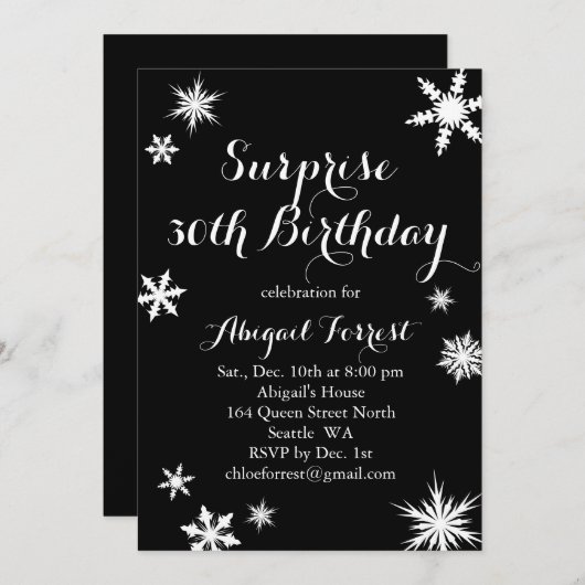 サプライズウィンター誕生日招待状-黒 招待状 (正面/裏面)