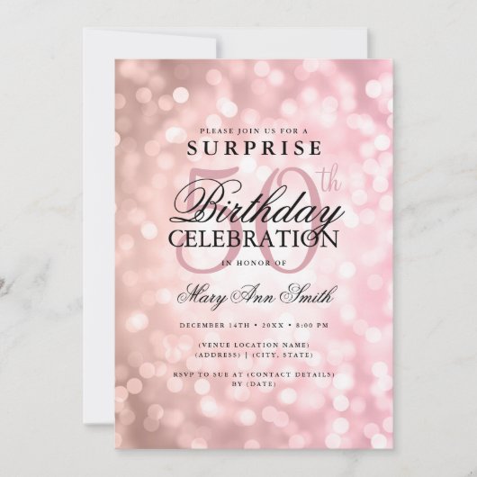 サプライズエレガント50th誕生日バラ金ゴールドライト 招待状 (正面)