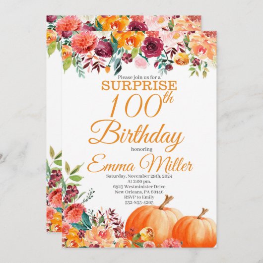 サプライズカボチャ秋100誕生日 招待状 (正面/裏面)