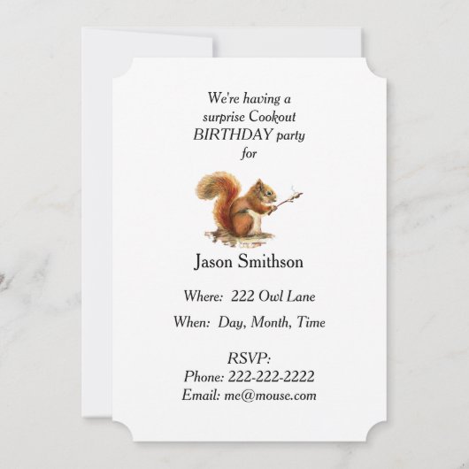 サプライズクックアウトBBQ誕生日リスのユーモア 招待状 (裏面)