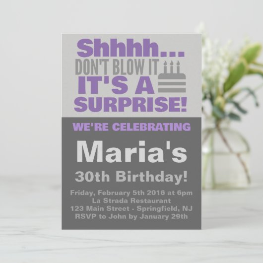 サプライズケーキパーティーパープル誕生日 招待状 (スタンド正面)