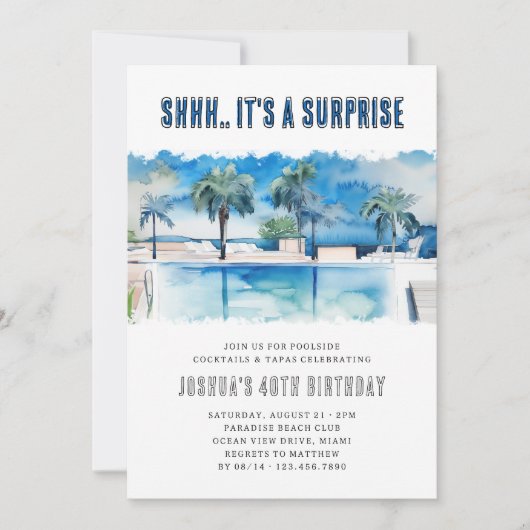 サプライズサマーパーティー任意の年齢アダルトプール誕生日 招待状 (正面)