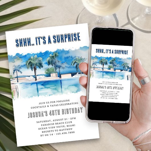 サプライズサマーパーティー任意の年齢アダルトプール誕生日 招待状