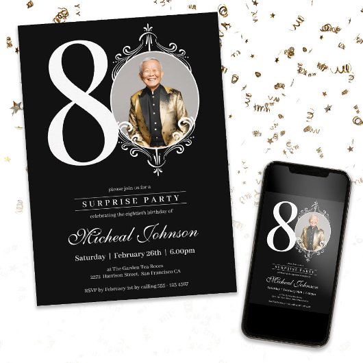 サプライズシンプルエレガントフォト80th誕生日パーティー 招待状