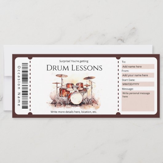 サプライズドラムレッスン ギフト証明書テンプレート 招待状 (正面)