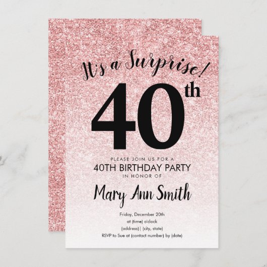 サプライズバラ金ゴールドグリッター40歳の誕生日パーティー   招待状 (正面/裏面)