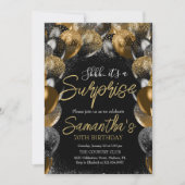 サプライズバルーン誕生日ブラック金ゴールドグリッター 招待状 (正面)