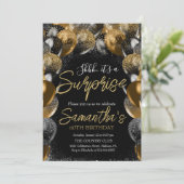 サプライズバルーン誕生日ブラック金ゴールドグリッター 招待状 (スタンド正面)