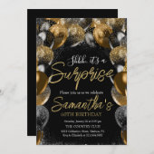 サプライズバルーン誕生日ブラック金ゴールドグリッター 招待状 (正面/裏面)
