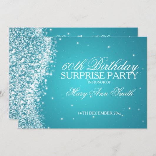 サプライズバースデーパーティきらめくーウェーブターコイズ 招待状 (正面/裏面)
