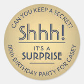 サプライズバースデーパーティネイビーブルー&金ゴールドフォイルフェイクズ ラウンドシール (正面)