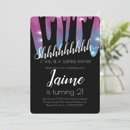 サプライズバースデーパーティフェイクグリッターピンクドリッピング 招待状 (スタンド正面)
