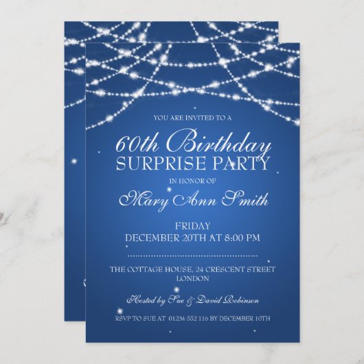 サプライズバースデーパーティーのスターズブルー 招待状 (正面/裏面)