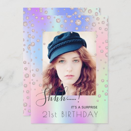 サプライズバースデーパーティーのピンクの紫のダイヤモンド写真 招待状 (正面/裏面)