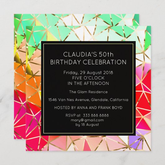 サプライズバースデーパーティーゴールデンフォイルレインボー 招待状 (正面/裏面)