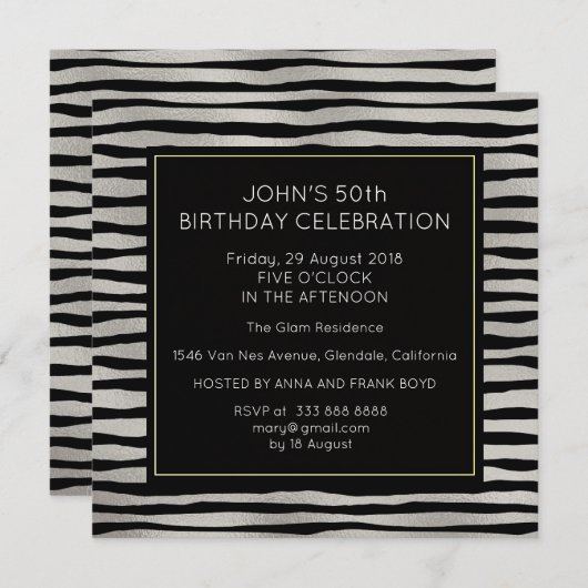 サプライズバースデーパーティーシルバーブラックストライプズ 招待状 (正面/裏面)