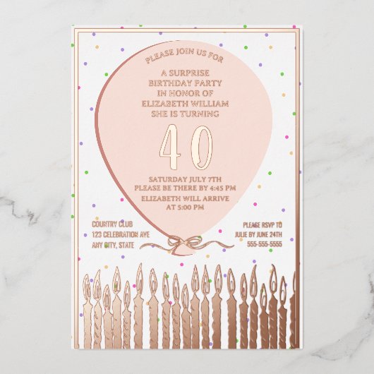 サプライズバースデーパーティーフォイル招待状40thピンク 箔招待状 (正面)