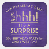 サプライズバースデーパーティーブラシ付き紫と金ゴールド スクエアシール (正面)