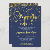 サプライズバースデーパーティーブルー金ゴールドタイポグラフィ 招待状 (正面/裏面)