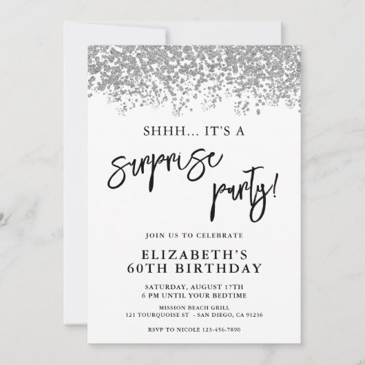 サプライズバースデーパーティー任意の年齢の白と銀 招待状 (正面)