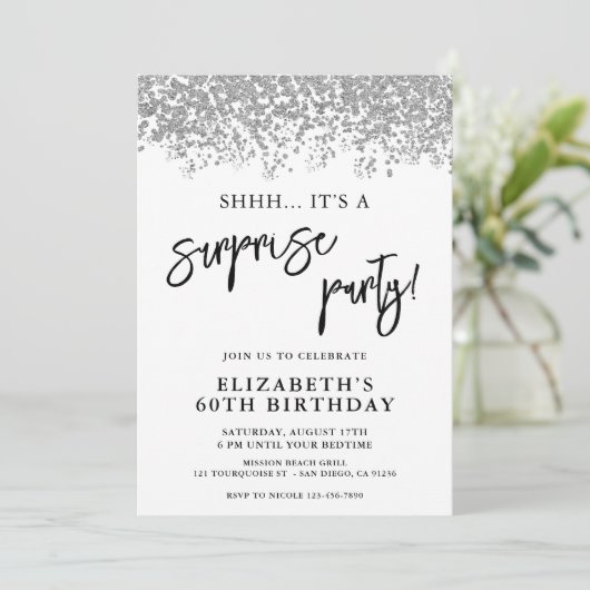 サプライズバースデーパーティー任意の年齢の白と銀 招待状 (スタンド正面)