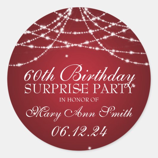 サプライズバースデーパーティー星赤の文字列 ラウンドシール (正面)