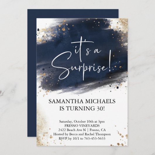 サプライズバースデーパーティー海軍と金ゴールド水色 招待状 (正面/裏面)