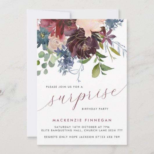 サプライズバースデーパーティーBurgundy & Navyフローラ 招待状 (正面)