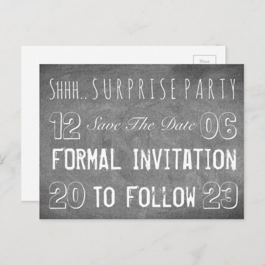 サプライズパーティの招待状日付を保存Chalkboard 案内ポストカード (正面/裏面)