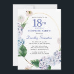 サプライズパーティーあじさいバラ18誕生日 招待状<br><div class="desc">青いあじさい花と赤面バラ飾花模様金ゴールド楕円形。開放的で風通しの良いモダン植物学。</div>