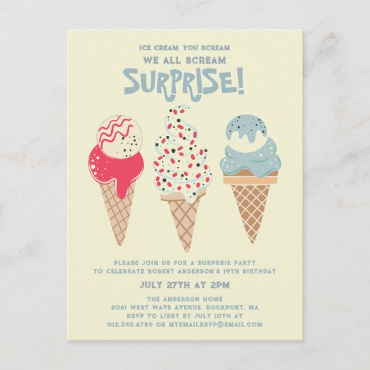 サプライズパーティーアイスクリーム19th誕生日招待状 ポストカード (正面)