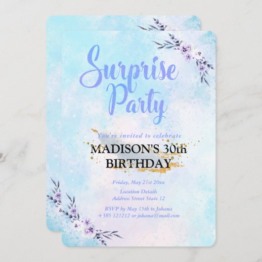 サプライズパーティーウォーターカラーパステル 招待状 (正面/裏面)