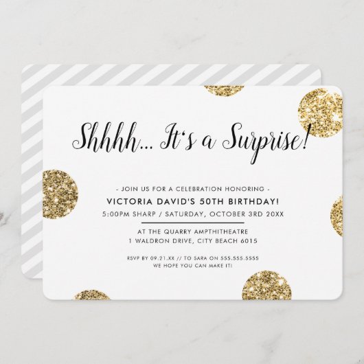 サプライズパーティースタイリッシュ金ゴールドグリッター水玉模様 招待状 (正面/裏面)