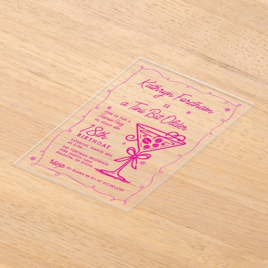 サプライズパーティーピンクドゥードルマルティーニ18誕生日 アクリル招待状 (レイダウン)