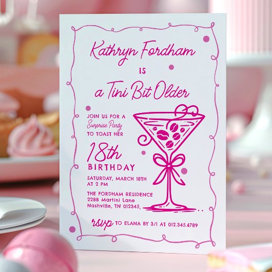 サプライズパーティーピンクドゥードルマルティーニ18誕生日 招待状
