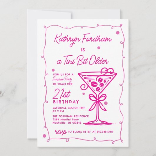 サプライズパーティーピンクドゥードルマルティーニ21歳の誕生日 招待状 (正面)
