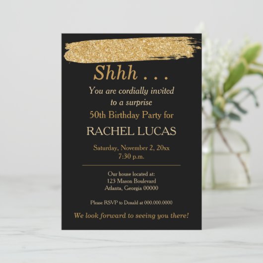 サプライズパーティーブラック金ゴールドグリッタースタイル招待状 招待状 (スタンド正面)