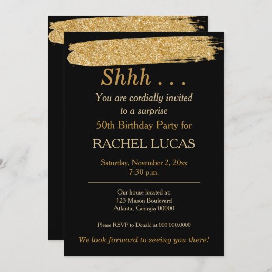 サプライズパーティーブラック金ゴールドグリッタースタイル招待状 招待状 (正面/裏面)