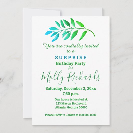 サプライズパーティーブルーグリーンリーフ招待状 招待状 (正面)