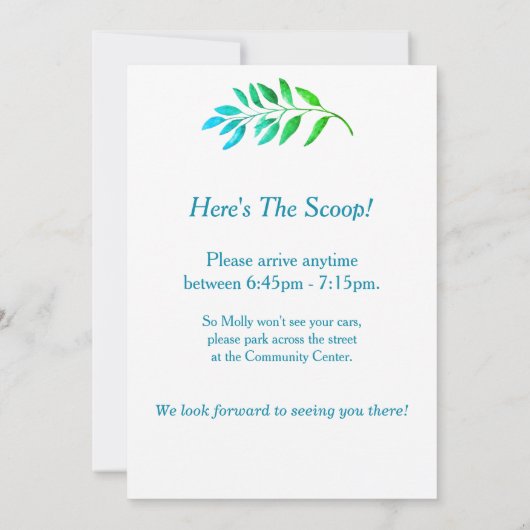サプライズパーティーブルーグリーンリーフ招待状 招待状 (裏面)