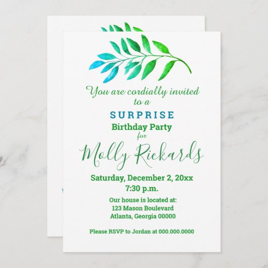 サプライズパーティーブルーグリーンリーフ招待状 招待状 (正面/裏面)