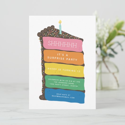 サプライズパーティーレインボーレイヤーケーキ誕生日 招待状 (スタンド正面)